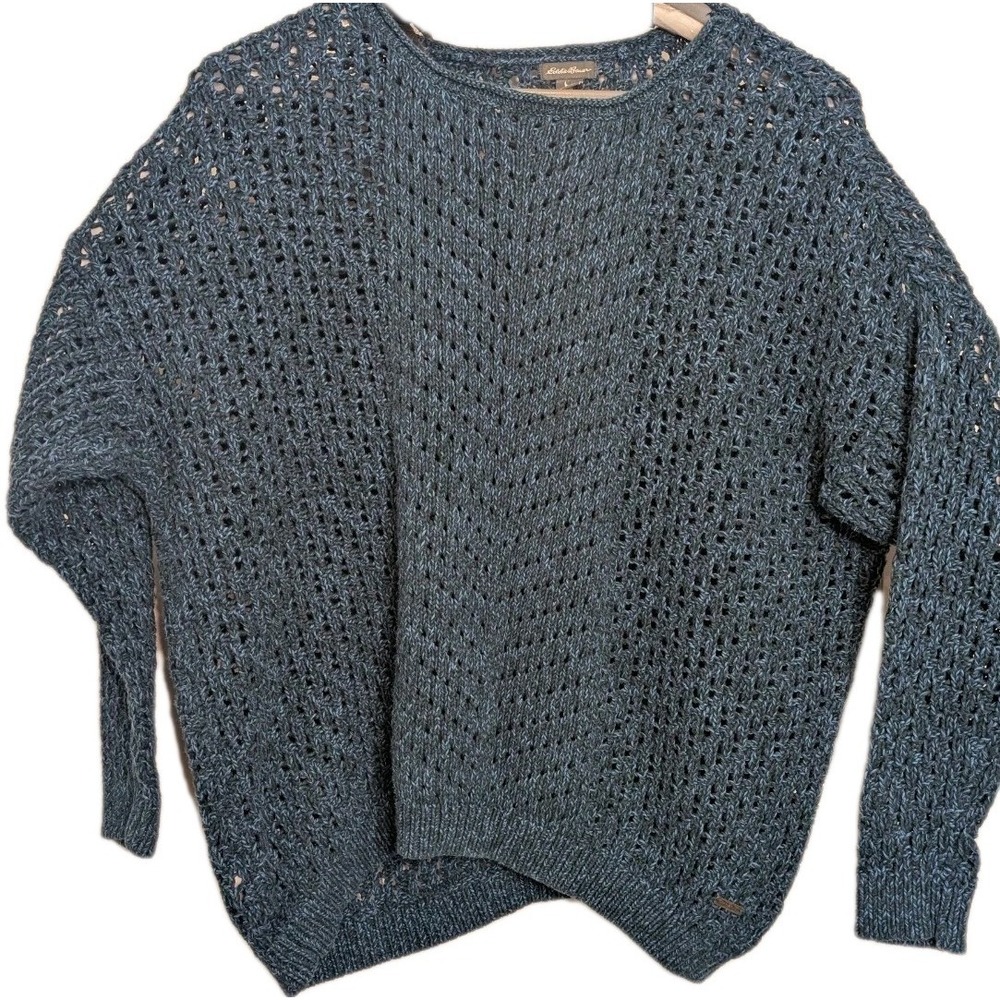 Women's Eddie Bauer Pullover Crochet Knit Boxy Teal Blue Sweater Size 2XL